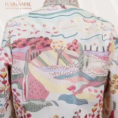 A detailed look at the back of the landscape-embroidered jacket, where the artistry of the threadwork and sequin detailing is on full display.