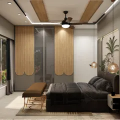 A 3D render of a luxurious bedroom with a tropical-themed accent wall, unique pendant lights, and a stylish bench. The design balances natural elements with modern glamour.