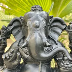 A close-up of our Gaja gāmbhīrya mukha Ganesha, showcasing the fine details carved into the Krishna shila stone by our skilled artisans in Karnataka.