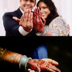 A focus on the hands and rings. This shot shows the couple proudly displaying their engagement rings and the bride's beautiful henna design.