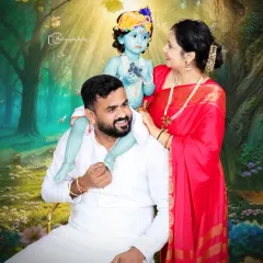 We bring the magic of the Little Krishna theme to life in this family portrait. Here, a child dressed as Krishna sits playfully on his father's shoulders while his mother looks on with love, all set against an enchanting, illustrated forest backdrop.
