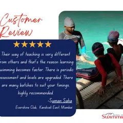 This review from a swimmer at our Evershine Club center highlights our unique teaching methods that lead to faster learning. The feedback mentions our periodic assessments, level upgrades, and flexible batch timings as key reasons for their high recommendation.