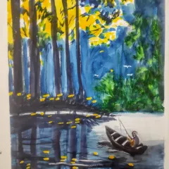 Another stunning piece by Harinder ma'am. This watercolor painting captures a serene forest scene with a lone fisherman in a boat, showcasing beautiful light and reflections.