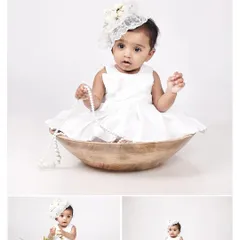 A collage of a 9-month-old baby girl in a classic, all-white setup, looking elegant and angelic.
