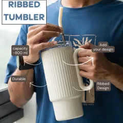 Our ribbed tumbler is designed for your daily hustle. With an 800 ml capacity, durable build, and an ergonomic handle, it's the perfect companion for your coffee or water on the go.