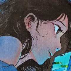 A close-up of the female character, showing the detail in her teary eyes and the soft glow from the phone screen. This highlights my focus on capturing subtle emotions in my anime-style portraits.