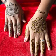 A beautiful and simple minimalist design. It features a mandala on the back of the hand with delicate leafy vines for finger details, connected by a simple band.
