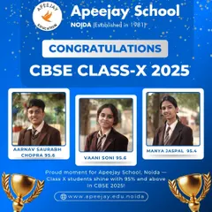 We congratulate our high-achieving Class 10 students, Aarnav Saurabh Chopra (95.6%), Vaani Soni (95.6%), and Manya Jaspal (95.4%), for their excellent CBSE board results.