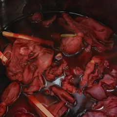 Bundles of fabric simmering in a rich, red dye bath made from Sappanwood. This is a crucial step where the fabric absorbs the natural color, creating the base for our vibrant tie-dye designs.