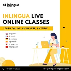 Learn online, anywhere, anytime. This graphic showcases the variety of languages we offer through our live online classes, including English, French, German, Spanish, Japanese, and Mandarin.