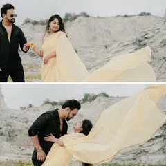 A diptych showing the bride's beautiful yellow dress flowing in the wind. I love using movement and fabric to add a dynamic and ethereal quality to my photos, especially in dramatic landscapes.
