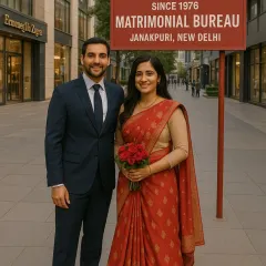 A modern, happy couple who found their perfect match through our services. This image reflects how we cater to the aspirations of today's generation while respecting traditional values.