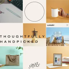 A collage of my thoughtfully handpicked gifts. From jute bags and photo frames to mugs and candles, you can select from a wide range of products.