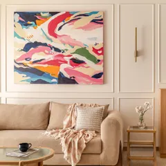 Art should bring joy and energy into your home. This vibrant 5-foot by 4-foot abstract painting was commissioned for a living room in Mumbai, filling the space with color and fluid motion. It’s a perfect centerpiece for a home with a bright, modern aesthetic.