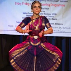I am so proud to see my senior students command the stage. Here is my disciple Vidushi Anushree Bhat in a classic Bharatanatyam pose during her solo recital for the Indian Council for Cultural Relations (ICCR), showing the grace we nurture for solo and duet performances.