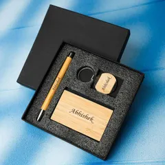 The Bamboo Gift Set, shown here neatly arranged in its box, makes for a classy and sustainable corporate or personal gift.