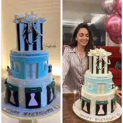 I was so delighted to design this "Born to Shop" themed cake for Kiara Advani's birthday. The multi-tiered creation features edible storefronts and a luxury shopping bag on top, perfect for a fashion lover.