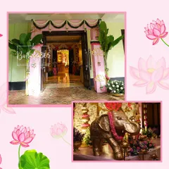 A look at the welcoming entrance and key decor elements for a Half-Saree ceremony. The collage shows the grand doorway framed in pink and a majestic golden elephant statue adorned with a floral garland.
