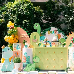 This 'One-O-Saurus' party was so much fun to design. I used a bright and cheerful color palette with lots of friendly dinosaur characters to create a playful prehistoric scene.