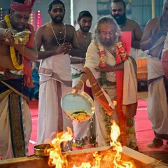 During the powerful Rishi Homa on the final day of Navratri, I make offerings to the sacred fire. This ritual is performed to honor the great sages and seek their blessings, filling the atmosphere with profound peace and spiritual energy.