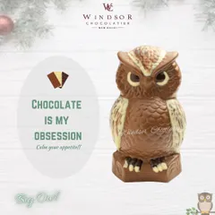 A wise choice for any chocolate lover, our big owl sculpture. This piece is intricately detailed with milk and white chocolate to create the owl's feathers and expressive eyes.