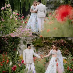 A collage from a destination engagement in a vibrant flower garden. These shots capture both the grand landscape and the sweet, romantic interactions between the couple.