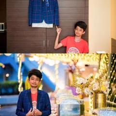 A cool before-and-after of the birthday boy, first pointing to his party outfit and then looking dapper at the event.