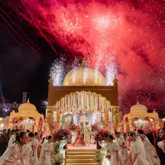 A moment of pure celebration as fireworks illuminate the sky above our custom-built 'Shahi Jharokha' stage. My goal is to frame these timeless memories with architectural grandeur and explosive joy, creating a truly unforgettable spectacle.