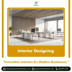 We deliver innovative interiors for modern businesses. This render of a private office demonstrates our use of wood slat ceilings, minimalist furniture, and large windows to create a bright, professional, and high-end workspace.