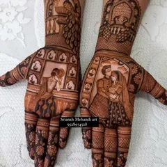 This popular Karwachauth design features two distinct romantic scenes. One hand shows a couple in an intimate moment, while the other depicts the tradition of looking at the moon.