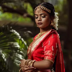 A serene moment captured during the shoot. The makeup is soft yet defined, with an emphasis on a perfect base and subtly enhanced features to create a timeless bridal portrait.