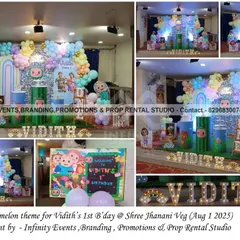 We transformed a space at Shree Janani Veg into a vibrant Cocomelon world for Vidith’s first birthday. This setup features character cutouts, a colorful balloon arch, and a personalized milestone board, showing how we bring popular themes to life with a unique touch.