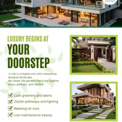 This graphic summarizes my approach to villa gardens. I focus on creating a complete lifestyle upgrade with lush greenery, stylish pathways, relaxing sit-outs, and smart lighting, all designed for low-maintenance beauty that complements modern architecture.