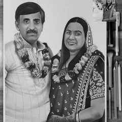 A classic black and white portrait of a couple, drawn on A3 paper. I paid close attention to the details of their traditional attire and the flower garlands, creating a sketch that feels both celebratory and timeless.