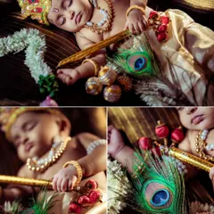 Even in sleep, the story continues. This collage highlights the peaceful moments of a newborn during a themed session, with close-ups on the intricate details like the peacock feather, tiny hands holding a flute, and serene expression.