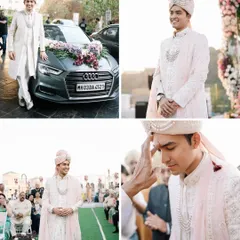 A collage of the groom's journey to the wedding venue, from arriving in his decorated car to his final moments before seeing his bride.