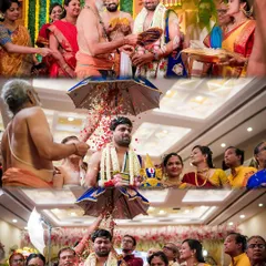 The Kashi Yatra is a significant and dramatic ritual in Iyer weddings. This collage shows the groom's symbolic procession, filled with tradition and family participation, which we capture in full detail.