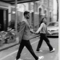 A black and white motion-blur photo of a couple walking hand-in-hand across a city street. This artistic technique adds a dynamic, candid feel to their urban pre-wedding photography.
