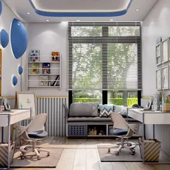 A bright and spacious study room for two children, featuring matching desks, ergonomic chairs, and a shared window seat with storage. The corkboard wall and shelving encourage creativity and organization.