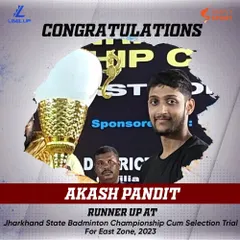 Well done to Akash Pandit for finishing as the runner-up in the Men's Doubles category at the Jharkhand State Badminton Championship. This performance also secured his selection for the East Zone trials, showcasing a clear pathway for advancement.