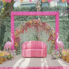 Who says a Haldi has to be all yellow? We designed this vibrant pastel Haldi ceremony with shades of pink, using reusable props like the flamingo figures and a plush velvet sofa to create a fun, modern, and picture perfect setting.