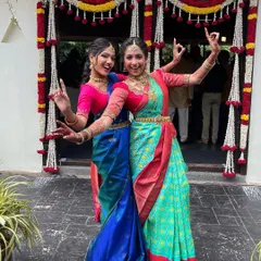 Playing dress-up for a wedding. As sisters and dance partners, we love celebrating together, and Indian weddings are the perfect occasion to embrace our love for traditional sarees and jewelry.