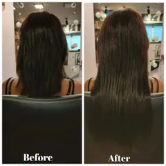This transformation focused on adding significant length and fullness to a short bob. The result is a seamless transition to long, straight hair that looks completely natural.