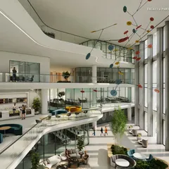 The flowing curves of this corporate headquarters redefine modern architecture. We designed the central atrium and open, dynamic spaces to foster collaboration and creativity, integrating lush greenery on every level to merge sustainability with a futuristic aesthetic.