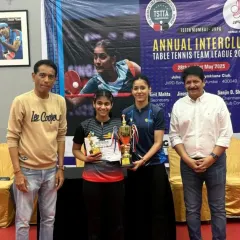 Our victorious Women's Division 1 team at the TSTTA Inter-Club League. Senhora, Manal, and Ananya brought home the championship with their fantastic team performance.