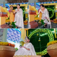 A collage showing the rituals and quiet moments of a Haldi ceremony, from prayers to the bride seated amidst traditional decorations.