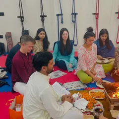 Our diverse group of students, from different countries and backgrounds, united in a meditation session during the opening ceremony.