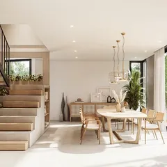 The dining area in the House of Veils is designed for both intimate meals and larger gatherings. The custom-designed table and chairs are complemented by a dramatic light fixture, creating a sophisticated yet inviting atmosphere.