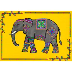 A majestic elephant adorned with intricate, colorful patterns against a bright yellow background, representing my custom digital folk art inspired by Indian traditions.