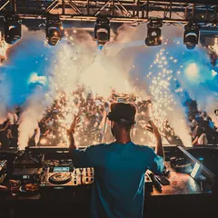 My view from the DJ booth at Waters, Pune, as cold pyro sparks light up the crowd. I use a variety of effects to create a dynamic and visually stunning show.